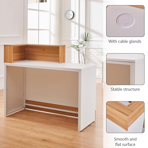 LayBurst 47-Inch Reception Desk with Cable Grommet – Modern White & Wood Counter for Checkout, Lobby