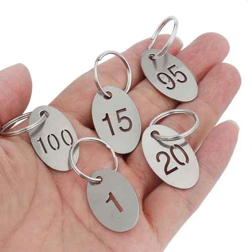 Oval Number Tags with Rings, 304 Stainless Steel Key ID Tag, Metal Numbers Keychain Tag Labels - 1 to 100