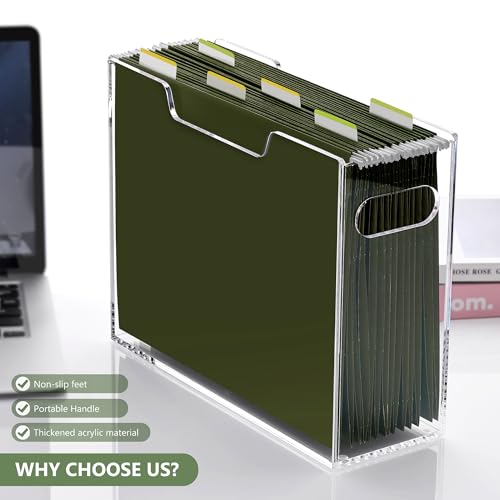 DINGHUO Hanging File Box, Letter Size Acrylic Hanging File Organizer, Clear Portable File Storage Box with Handle, File Folder Holder for Desk Home Office School -1 Pack