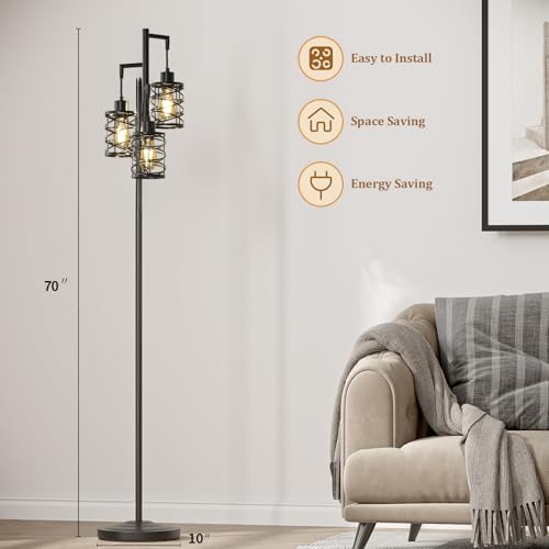 Oneach 70" Industrial Floor Lamp, Stepless Dimmable Standing Lamp with 3 Bulbs, Farmhouse Corner Standing Tree Lamp for Living Room, Tall Lamps for Bedroom, Office, Study Room, Dining Room, Black