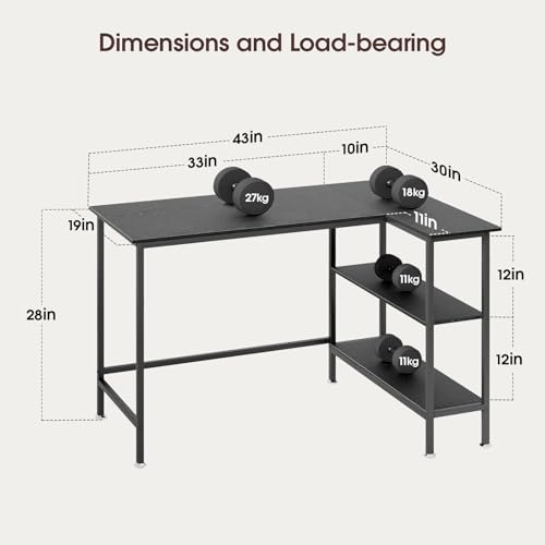 43" L Shaped Office Desk with Reversible Storage Shelves Can be Used as a Game Desk or Computer Desk Modern Design Corner Desk £¨Black£©