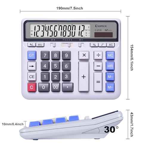 Comix Desktop Calculator Solar Battery Dual Power with 12-Digit Large LCD Display and Large Computer Keys Standard Function Calculator for Home Office School, White