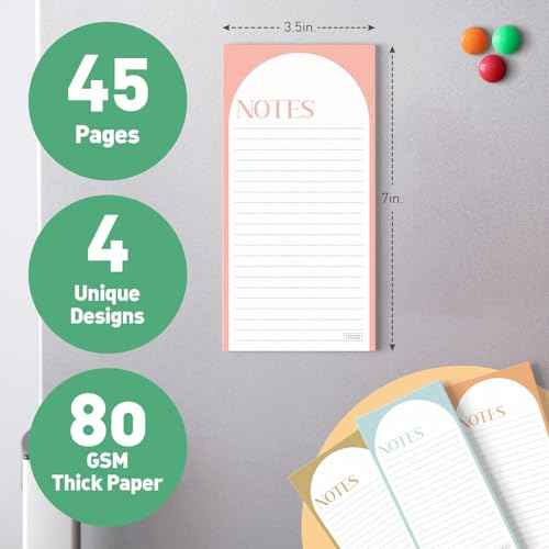 S&O Magnetic Notepads for Refrigerator 4 Pack, Sticky notes for Fridge Sets - Sticky Journals for Freezer - Magnetized memo sheets for cooler - 3.5¡± x 7¡±, 45 Pages