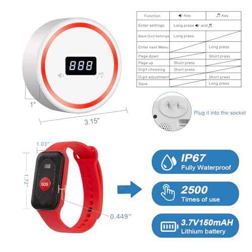 Wireless Caregiver Pager Call Button Emergency Calling System 328 Feet 1 Call Button/1 Watch Button/1 Receiver Nurse Alert System for Elderly Patient Disabled (1 Red H1+1 3DB+M2)