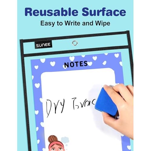 SUNEE 50 Packs Oversized Reusable Dry Erase Pocket Sleeves with 3 Rings, Black 10x14 Ticket Holders, Clear Plastic Sheet Protectors, Teacher School Classroom Supplies