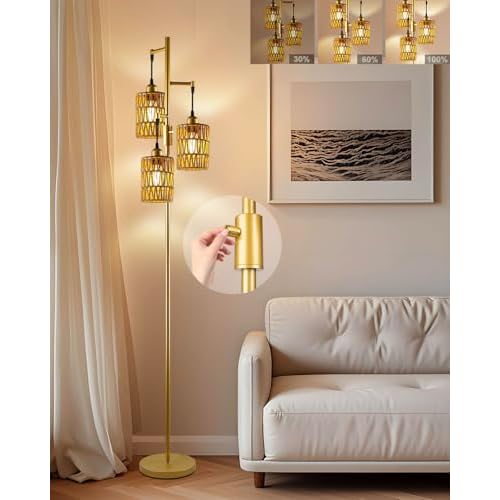 Lightdot 67" Boho Rattant Floor Lamps for Living Room, 3-Light Dimmable Floor Lamp with Gold Woven Cages, Bohemian Standing Tall Lamp, Mid Century Industrial Lighting for Bedroom Office, E26 Base-Gold