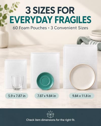 60 Pack Foam Pouches, 3 Sizes Thick Cushion Wrap Pouches Sheets