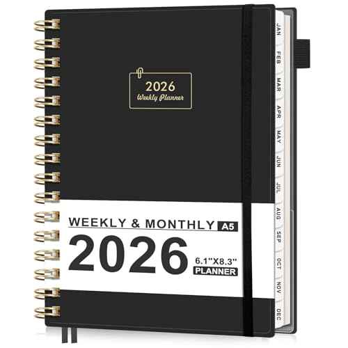 AHGXG 2026 Planner, Weekly and Monthly, Jan 2026 - Dec 2026, 12 Months, 2026 Calendar Planner Book with Tabs for Men Women School Home Office Supplies, A5 (6" X 8.38"), Black
