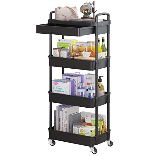 Calmootey Black 4-Tier Utility Cart with Drawer & Wheels - Home & Office Storage