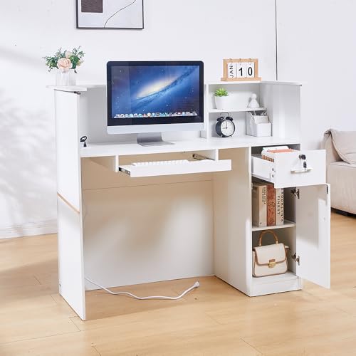 50-Inch Modern Reception Desk with Lockable Drawer, Keyboard Tray, Built-In Power, LED Lights