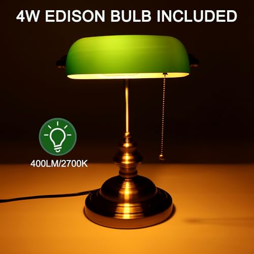 Bankers Lamp Green, Vintage Library Lamp with Pull Chain, Traditional Green Glass Desk Lamp for Home Office, Study Room, Library, LED Bulb Included