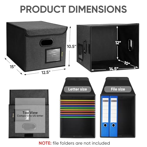 BALEINE Collapsible File Organizer Box with Lid - Black, 1 Pack, 15x12.5x10.5 Inches