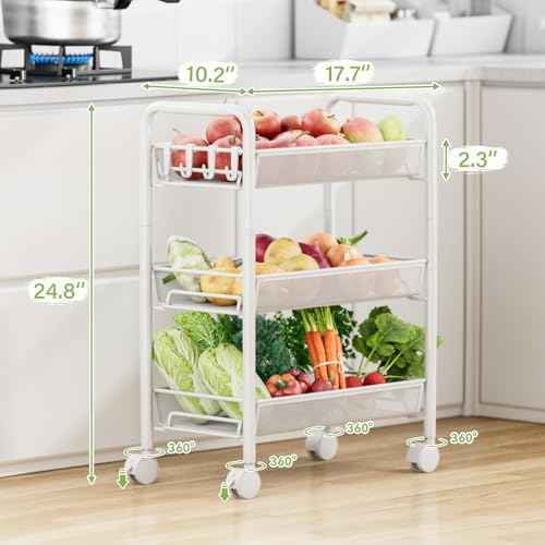 JANE EYRE 3-Tier Rolling Utility Storage Rack Cart on Wheels, Trolley Craft cart, Multi-Purpose Organizer Shelf, White