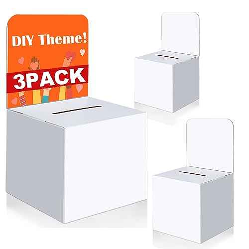 3 Pcs Ballot Boxes Suggestion Boxes Donation Box for Fundraising, Cardboard Raffle Box with Slot and Removable Header for Collecting Business Card Voting Contest (White)