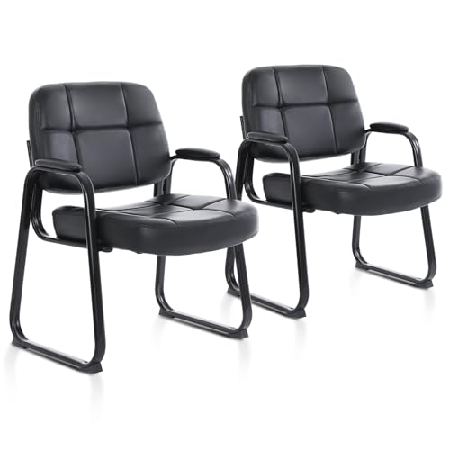 CLATINA 2 Pack Big & Tall Reception Guest Chairs with Bonded Leather & Sled Base, Black