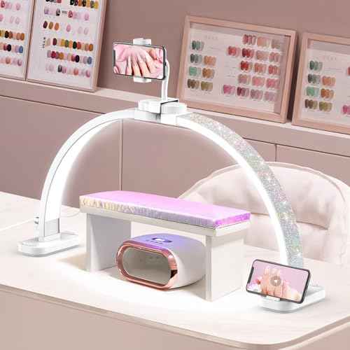 LIONVISON Half Moon Light for Nail Desk: 31-inch Manicure Table Light with Phone Holder for Beginner DIY - 48W Professional Half Moon Lamp for Nail Tech,Eyelash,Makeup,Tattoo
