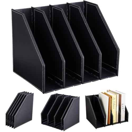 GORESE Collapsible Magazine File Holder, PU Leather Vertical File Folder Organizer for Desk with 4 Compartments, Magazine Holder Binder Storage Clipboard Rack File Sorter for Office Home School, Black