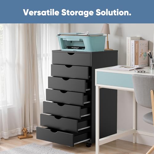 OLIXIS 7 Drawer Mobile File Cabinet Under Desk Storage Organization with Wheels Vertical Filing Chest Rolling Wood Small Desk Printer Stand for Home Office, 15.75"D x 18.74"W x 34.25"H, Black
