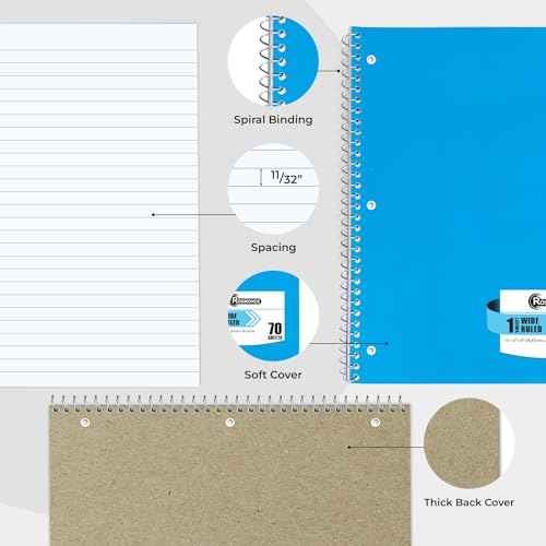 Rosmonde Spiral Notebooks, 24 Pack, 1 Subject Notebook, Wide Ruled, 70 Sheets, 8 x 10-1/2", 3 Hole Punched, School Supplies, Bulk Single Subject Spiral Notebook Bulk, Assorted Colors Pack of Notebooks