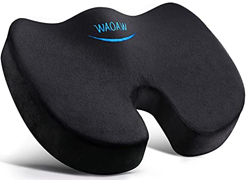 WAOAW Black Memory Foam Seat Cushion for Office Chair & Car – Coccyx Tailbone Pain Relief