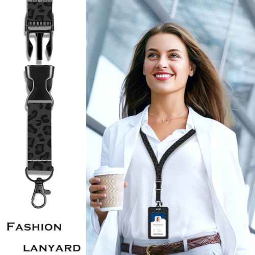 Heavy Duty ID Badge Holder with Lanyard, Retractable Badge Reel Clip, Lanyards for Hard Vertical ID Card Holders for Office, School, Teachers, Women, Men - Black Leopard Cheetah