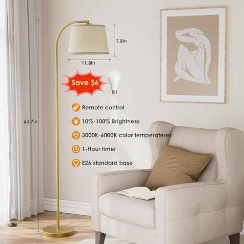 Arc Floor Lamp with Remote Control,64" Modern Standing Lamp with Stepless Dimmable, 3 Colors Temperature and 350¡ÆH/180¡ÆV Rotatable Shade,Gold Arc Floor Lamps for Living Room(with 9W Bulb)