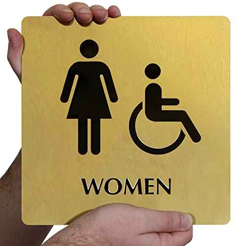 SmartSign 9 x 9 inch Womens Restroom Sign with Women/Handicap Accessible Wheelchair Pictograms, 40 mil Brass Metal, Engraved, Door/Wall Mount Bathroom Sign, Gold and Black