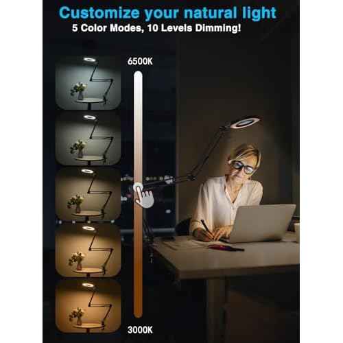 15X Magnifying Desk Lamp with Light, 5 Color Modes & Stepless Dimming, 3-Section Swing Arm with Clamp/Stand for Crafts/Jewelry Repair/Reading (84 LEDs, Real Glass Lens)(Black)