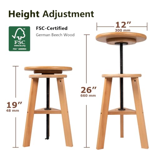 DJAR Adjustable Wooden Drafting Stool with 12" Seat | Natural Beech Wood