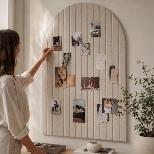 Beige Large Arched Felt Bulletin Board with 6 Customizable Adhesive Tiles & Pins