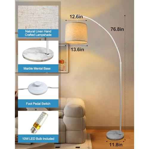 Lightdot Arc Floor Lamps for Living Room, Modern Standing Lamp with Hanging Drum Shade, Tall Standing Floor Lamp with Foot Switch, Over Couch Arched Reading Light for Bedroom, Office (White)