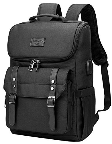 YALUNDISI Black Vintage Laptop Backpack with USB Charging Port for Women & Men, Fits 15.6 Inch