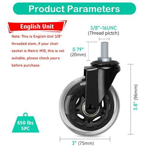 Hirate 5 Pack Office Chair Casters Wheel with 3/8"-16UNC Threaded Stem(English Unit),3" Mute Swivel Stem Gaming Chairs Casters Replacement Smooth Rolling Safe for Hardwood Tile Floors