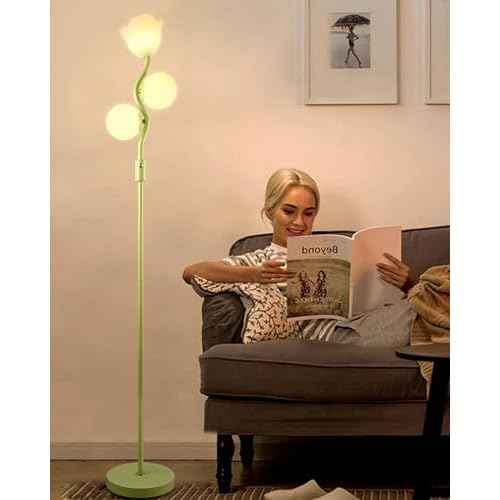 Lightdot Dimmable Green Floor Lamp, Mid Century Standing Lamps with 1 Flower & 2Globe Lampshades & 3PCS Warm White 3000K Bulbs Included, Modern Tall Lamp for Living Room