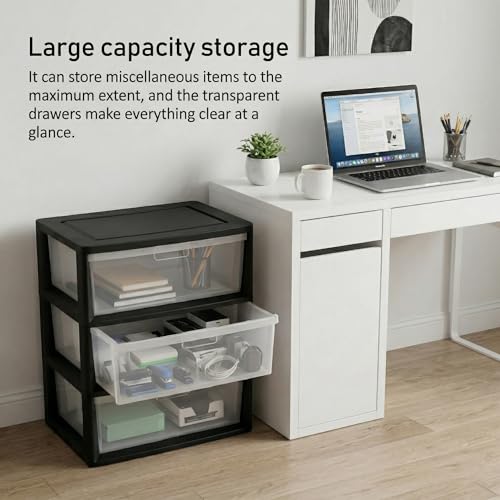 Black Wide 3-Drawer Storage Tower with Removable Clear Bins, Tool-Free Assembly