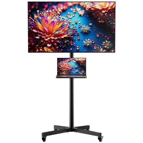 Rolling TV Stand for 26-55 Inch LCD LED Flat/Curved Panel Screen TVs, Portable TV Stand with Wheels & Media Shelf. Angle Adjustable TV Cart with Lockable Wheels, Max VESA 400x400mm