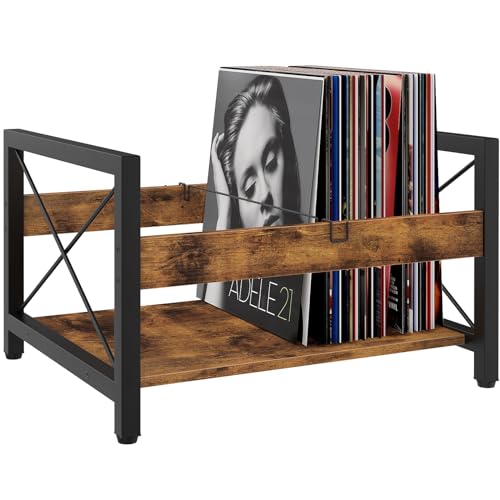 ELITEROO Vinyl Record Holder, Wooden Record Crate Fits 7¡± -12¡± Records, Vinyl Shelf Holds up to 50-100 Albums, DVDs, CDs or Files Wood Book Storage Stand Desktop Organizer Box, Rustic Brown