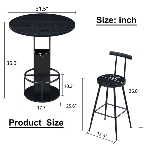 Hosnnile 3-Piece Round Bar Table Set with Storage, 31.5" Dining Table & 2 Bar Stools, Modern Farmhouse Kitchen