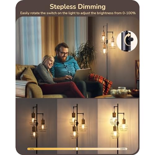 EDISHINE Dimmable Farmhouse Floor Lamp for Living Room, Industrial Black Standing Lamp with 3 LED Edison Bulbs, Corner Rustic Rattan Tall Tree Reading Lamps Home Decor for Bedroom, Office