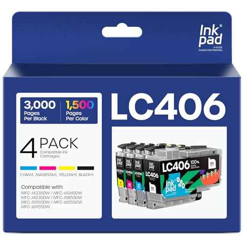 Compatible LC406 LC406XL Ink Cartridges Replacement for Brother LC406 XL LC 406 Ink Cartridge Compatible with MFC-J4335DW MFC-J5855DW MFC-J4535DW MFC-J6555DW MFC-J6955DW Printers -4 Pack(BK/C/M/Y)