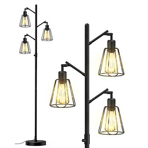 LEPOWER Industrial Floor Lamp, 3 x 800LM LED Edison Lamps Included, Floor Lamp for Bedroom with 90¡Æ Multi Head, Dimmable Floor Lamps Black for Office, Bedroom, Farmhouse Decor