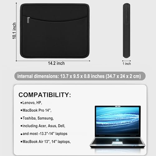 Ampoock 14 Inch Laptop Sleeve Case Black Shockproof Protective Bag
