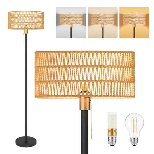 Cordless Rattan Floor Lamp with 3 Color Temperature, Dimmable Rechargeable Farmhouse Floor Lamp with Pull Cord Switch, Boho Tall Standing for Living Room, Includes 2 Bulbs
