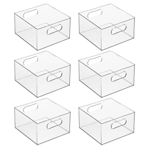mDesign Deep Plastic Stackable Storage Organizer Container Bin, Office Organization for Filing Cabinet, Cupboard, Shelves, and Desk - Holds Notepads, Pens, Pencils - Ligne Collection, 6 Pack, Clear