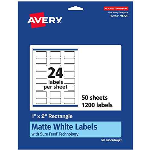Avery Matte White Rectangle Labels, Sure Feed Technology, 1" x 2", 1,200 Matte White Printable Labels