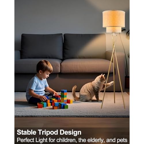 Lightdot Glod Tripod Floor Lamp, Modern Floor Lamps for Living Room, Standing Lamp with Dual Drum, E26 Bulb Included, 67.7" Tall Floor Lamp for Bedroom, Home Office
