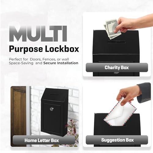 My Charity Boxes Wall Mount Metal Donation Drop Box with Lock, 10x6x2.5 Inches, Black