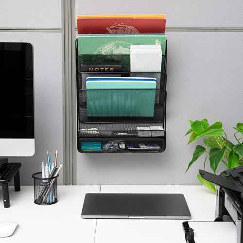 Mind Reader 4-Tier Vertical File Storage, Desktop Organizer, Wall Mount, Office, Metal Mesh, 12.5" L x 4" W x 16.5" H, Black