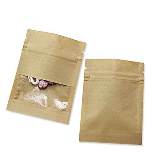 FERENLI 100 Pack 2.8x3.5 inch Small Resealable Seed Coin Envelopes Bags with Clear Window Brown Kraft Paper Heat Seal Packets for Flower Vegetable Seeds Storage Party Favor Pet Food Sample Bag