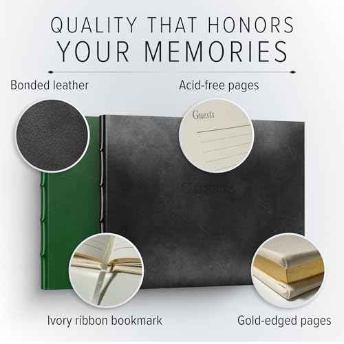 Gallery Leather Guest Book - Great for Wedding, Reception, Baby and Bridal Shower, Birthday Party and Vacation Home - 192 Lined Pages to Sign in, add Polaroid Photo - Hardcover 9x7" - Acadia Green